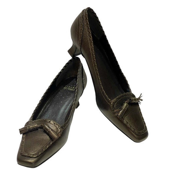STUART WEITZMAN PEWTER KITTEN HEEL SQUARE TOE LOAFERS SZ 10 M EUC - Picture 5 of 12